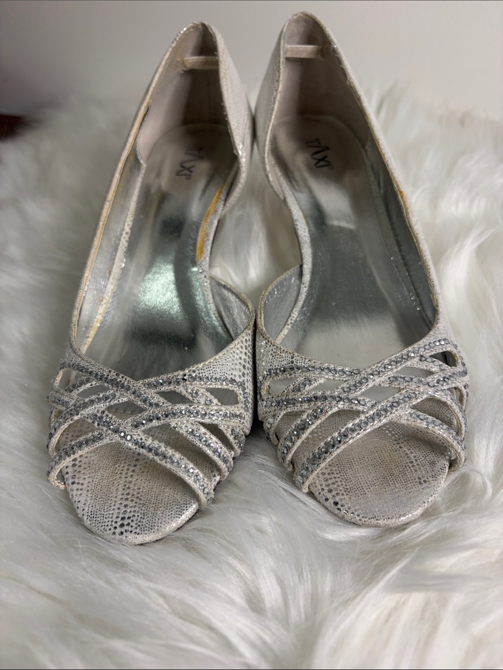 Silver Rhinestone Peep-Toe Heels - Women's